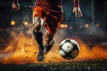 Close-up of a Leg in a Boot Kicking Football Ball. Professional Soccer Player Hits Ball