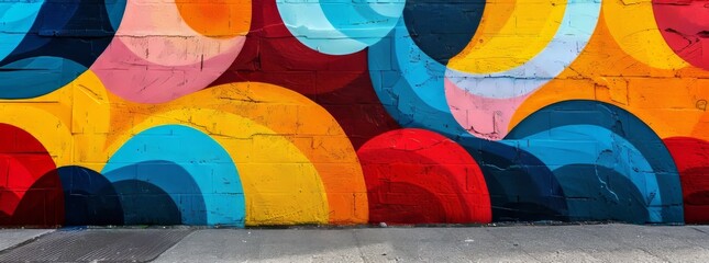A bold and colorful abstract mural with wavy lines and geometric shapes, painted on an outdoor wall, showcasing an interplay of art and architecture.