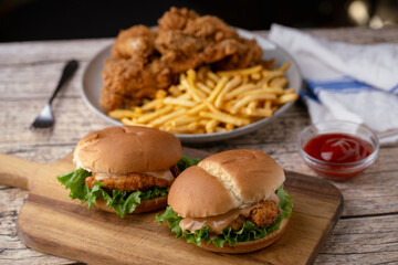 fried chicken sandwich with french fries