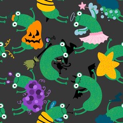 Fototapeta na wymiar Cartoon animals seamless halloween frogs pattern for wrapping paper and fabrics and kids print and party accessories