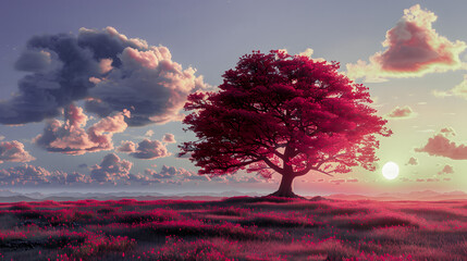 Arbre rose au milieu de la campagne