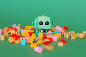 Vintage Tin Robot Toy Surrounded by Colorful Wooden Blocks on Green