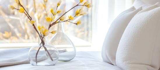 Modern glass vase in a bedroom with double bed in the background with stylish bedding