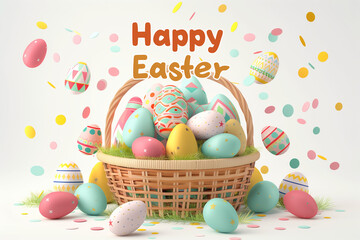 Colorful Easter Egg Basket with "Happy Easter" Greeting and Confetti
