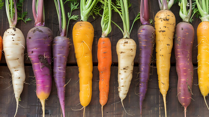 the earthy tones and unique shapes of assorted heirloom carrots, ranging from purple to yellow to white - obrazy, fototapety, plakaty