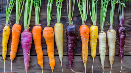 the earthy tones and unique shapes of assorted heirloom carrots, ranging from purple to yellow to white - obrazy, fototapety, plakaty