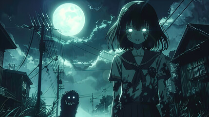 anime manga horror scene, digital illustration wallpaper, horror monster and school girls - obrazy, fototapety, plakaty