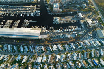 Hurricane Ian destroyed boat station in Florida coastal area. Natural disaster and its consequences