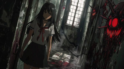 anime manga horror scene, digital illustration wallpaper, horror monster and school girls