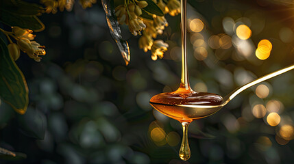 honey Syrup dripping into and  from a spoon