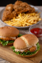 fried chicken, chicken sandwich and fries