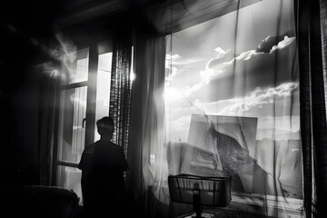 Photographie en noir et blanc avec homme seul 