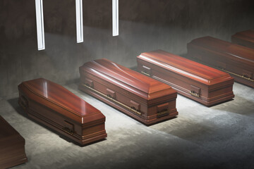 Polished Wooden Coffins Lined up in a Calm, Dim Funeral Home Setting