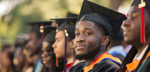 graduating class of diverse students in cap and gowns