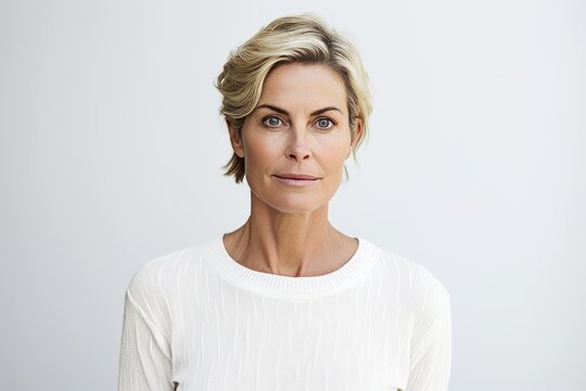 Portrait of a beautiful middle-aged woman with short blond hair looking at camera