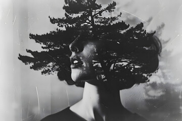 Photographie en double exposition en noir et blanc avec visage et nature