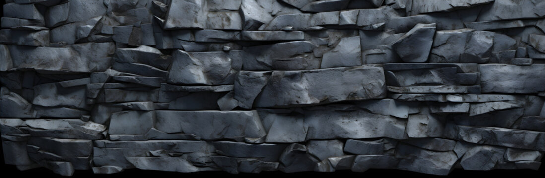 Dark aged shabby cliff face divided by huge cracks and layers. Coarse, rough gray stone or rock texture of mountains, Background banner and copy space for text on theme geology and Mountaineering.