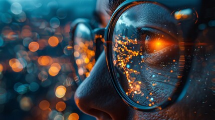 Close-up of a person's eye reflecting city lights seen through raindrop-covered glasses with a bokeh effect - obrazy, fototapety, plakaty