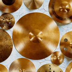 Diverse Cymbals Collection on Cracked Concrete Background