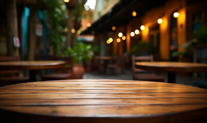 Acercamiento a una mesa rústica de madera vacía en un hermoso restaurante mexicano - obrazy, fototapety, plakaty