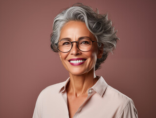 Fototapeta premium Retrato de una mujer latina madura, con canas, sonriendo, con apariencia saludable y vitalidad, usando una blusa blanca y gafas, posando en un estudio fotográfico con fondo de color