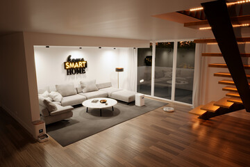 Futuristic Smart Home Environment Featuring High-Tech Automation & Neon Accents