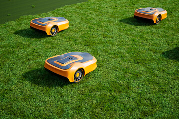 Autonomous Robotic Lawn Mowers Trimming Grass in Modern Suburban Garden