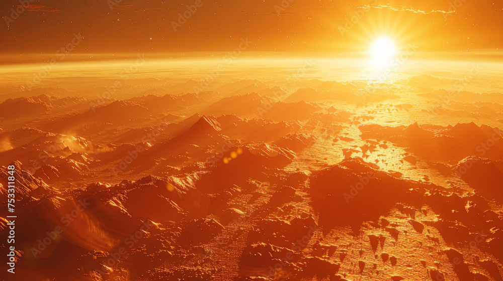 Poster mars - the red planet. martian surface and dust in the atmosphere.