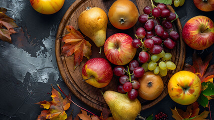 Naklejka na ściany i meble the essence of autumn with a spread of seasonal fruits like apples, pears, and grapes arranged on a wooden platter