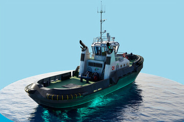 Sleek 3D-Rendered Modern Tugboat Sailing on Serene Ocean Waters - obrazy, fototapety, plakaty