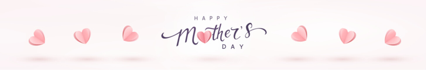 Mother's Day postcard with 3d paper flying hearts on pink background. Romantic poster, header template for ads promo, sales. Vector symbols of love for greeting card design - Powered by Adobe