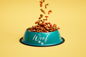Nutritious Dog Food Cascading into Blue Bowl Against Yellow Background - obrazy, fototapety, plakaty