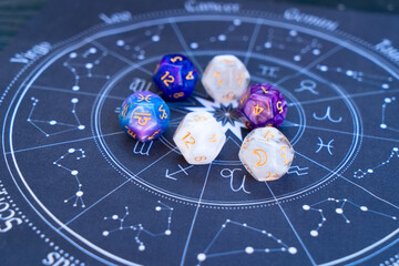 Horoscope zodiac circle with divination dice. Fortune telling and astrology predictions charts concept, magic rituals and exoteric experience