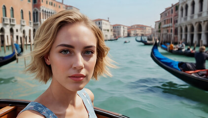 Fototapeta na wymiar Woman in a gondola in Venice's canals. Vacation in Italy