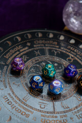 Horoscope zodiac circle with divination dice. Fortune telling and astrology predictions charts...