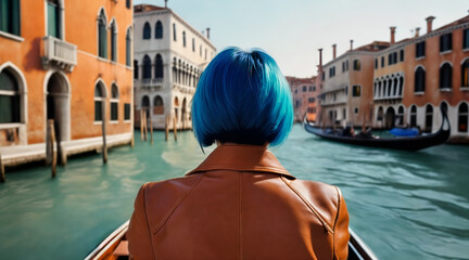 Rear view of a woman in a gondola in Venice's canals. Vacation in Italy - obrazy, fototapety, plakaty