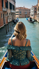 Fototapeta na wymiar Rear view of a woman in a gondola in Venice's canals. Vacation in Italy