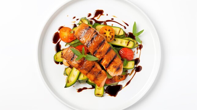 Photo of a seafood dish with seared salmon, asparagus, grilled zucchini, carrots, and balsamic glaze on a white round plate against a white background, top view