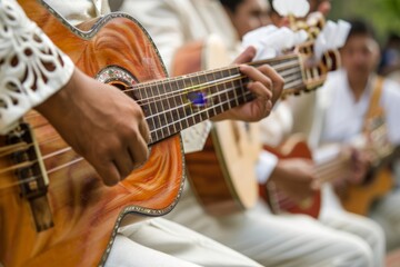 Closeup of hands playing the guitar during an outdoor mariachi performance Generative AI