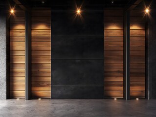 Industrial architecture wall mockup featuring a dark center with wooden panels on both the left and right sides - obrazy, fototapety, plakaty