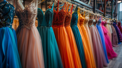 Many Colorful Elegant Formal Dresses on Hangers and for Sale in Luxury Shop or Boutique. Prom Gown, Wedding, Evening, Bridesmaid Dresses. - obrazy, fototapety, plakaty