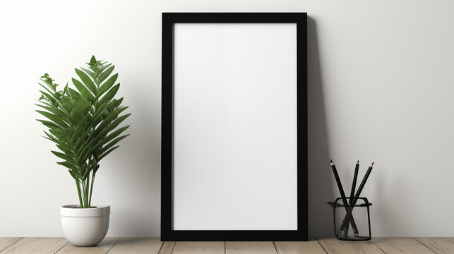 Blank black frame with insert space and potted flower in white room.
