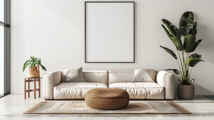 Modern living room with sofa and wall painting mockup