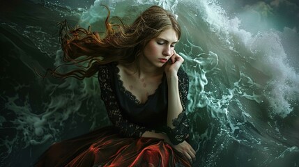 A serene yet dramatic scene featuring a young woman with long, flowing auburn hair partially submerged in dark, tumultuous water. Her gaze is downcast, and she appears to be in a contemplative or sorr - obrazy, fototapety, plakaty