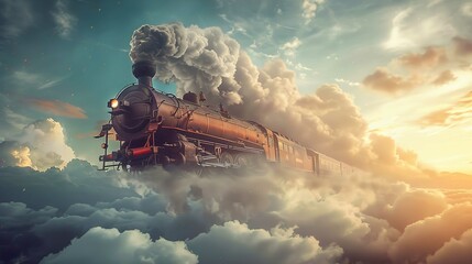 An old-fashioned steam locomotive with a headlight illuminated is depicted traveling through the sky, surrounded by fluffy clouds that resemble a traditional terrestrial landscape. The locomotive emit - obrazy, fototapety, plakaty