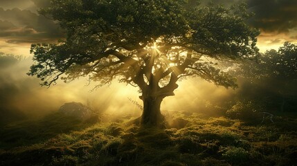 A majestic old tree stands at the center of the image, its gnarled branches spreading out expansively. The tree is backlit by a stunning golden light, presumably the sun, which pierces through the fol - obrazy, fototapety, plakaty