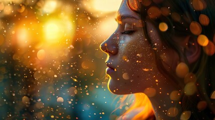 The image shows a side-profile close-up of a person with a serene expression, their eyes closed. The individual appears to have a light complexion with visible freckles, and the face is accentuated by