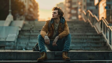 A young man with curly hair is seated on a ledge in an urban setting during what appears to be twilight. He is wearing a brown leather jacket over a green t-shirt, blue jeans, and lace-up leather boot - obrazy, fototapety, plakaty