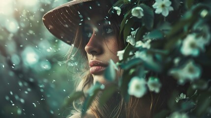 A young woman, partially obscured by a foreground of blurred white flowers and foliage, gazes to the side with a thoughtful expression. She wears a woven hat and her light brown hair gently falls arou