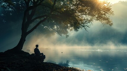 A serene morning scene of a person sitting by a tranquil lake with light fog hovering over the surface of the water. Rays of sunlight filter through the branches of a large tree to the left of the ima - Powered by Adobe